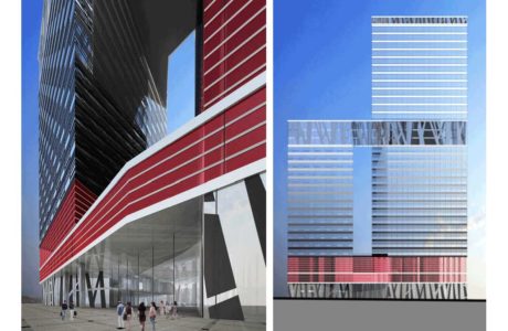 Our brief was to unify a range of separate functions within one single building: a Five Star hotel, a major bank, a selection of shops and various business offices. Our solution was to design two towers, one considerably taller than the other, connected by a flying bridge. The bridge finishes off the commercial bank building like a massive picture frame, to become the lobby area of the luxury hotel in the second tower that continues upwards to a height of 180m.On the first four floors, a red serpentine houses the restaurants and the 1,500sqm banquet hall.